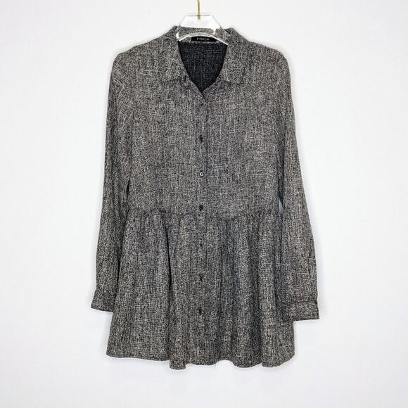 Frnch Black White Long Sleeve Babydoll Top Button Down Collared Size S/M - Picture 1 of 7